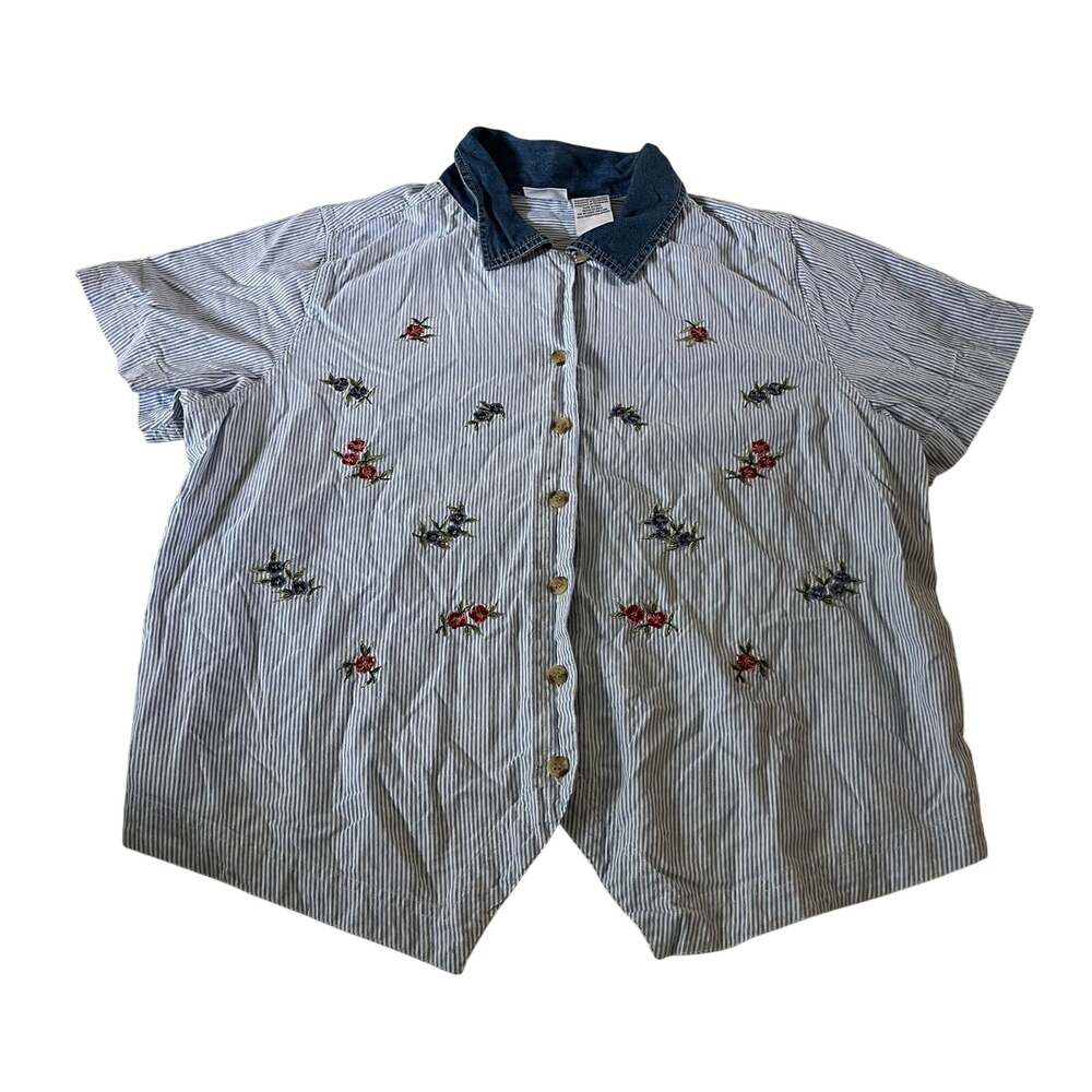 Vtg Y2K 2000s Blue Pinstripe Floral Embroidered Cottagecore Top Plus Sz 18W